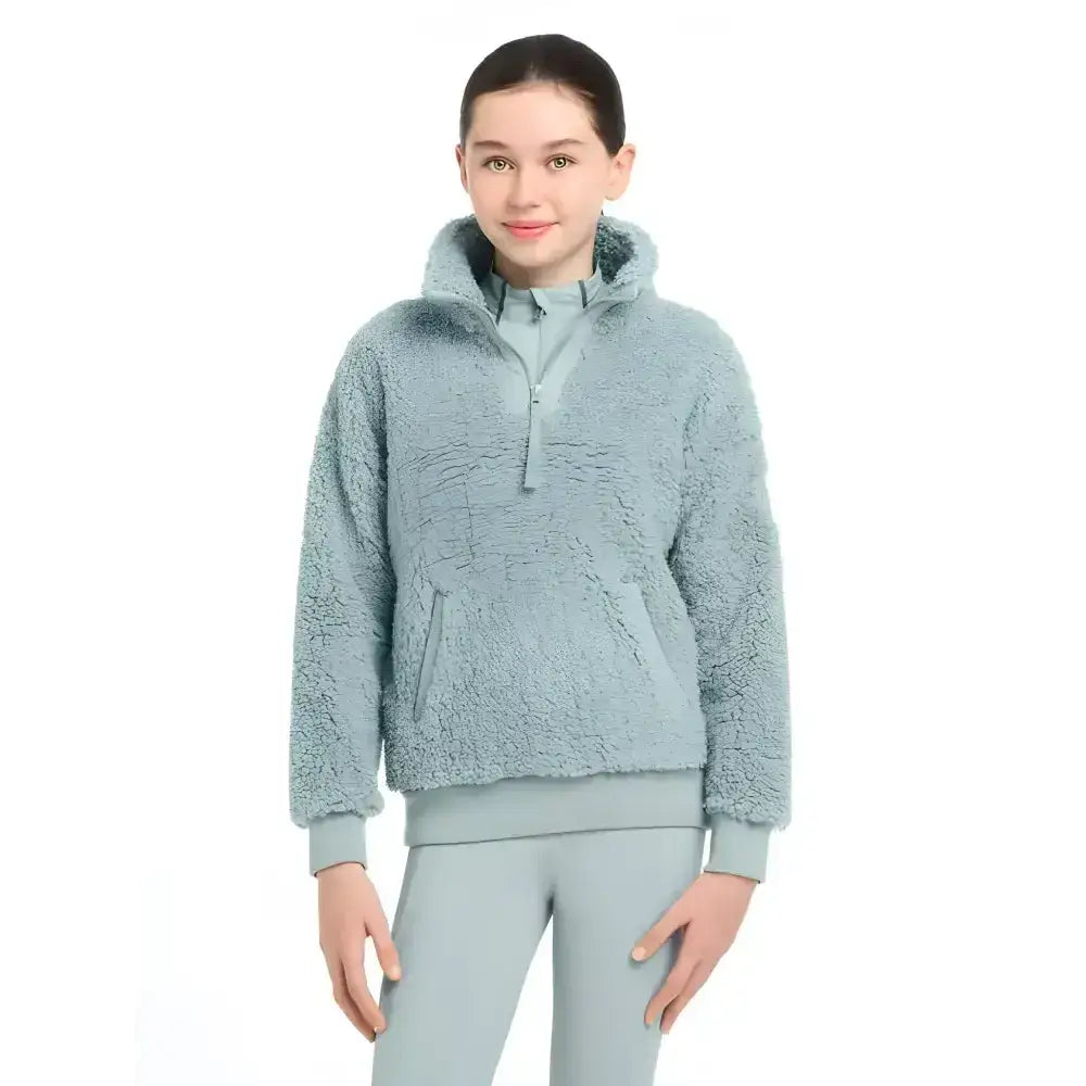 A soft light blue tia teddy fleece hooded sweatshirt with quarter zip and ribbed cuffs from lemieux young rider
