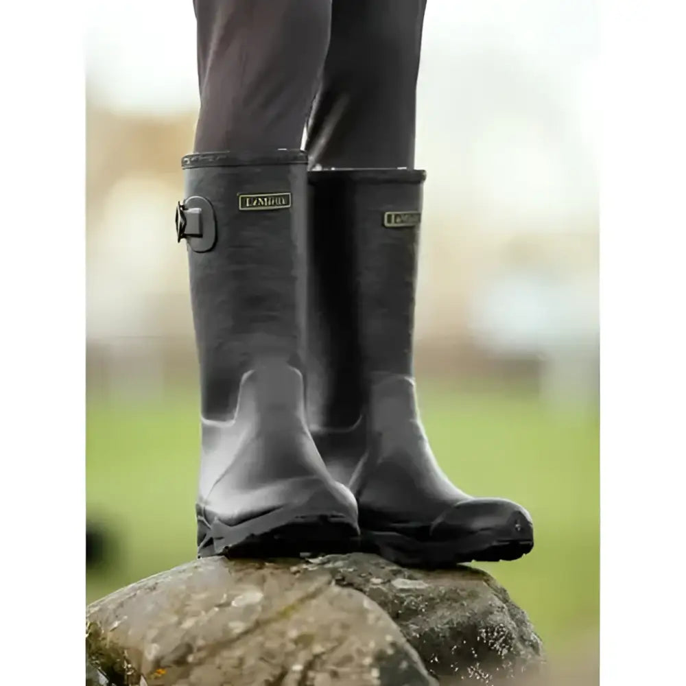 Lemieux young rider wellies black rubber boots with matte finish and side buckle detail featuring custom tread shape