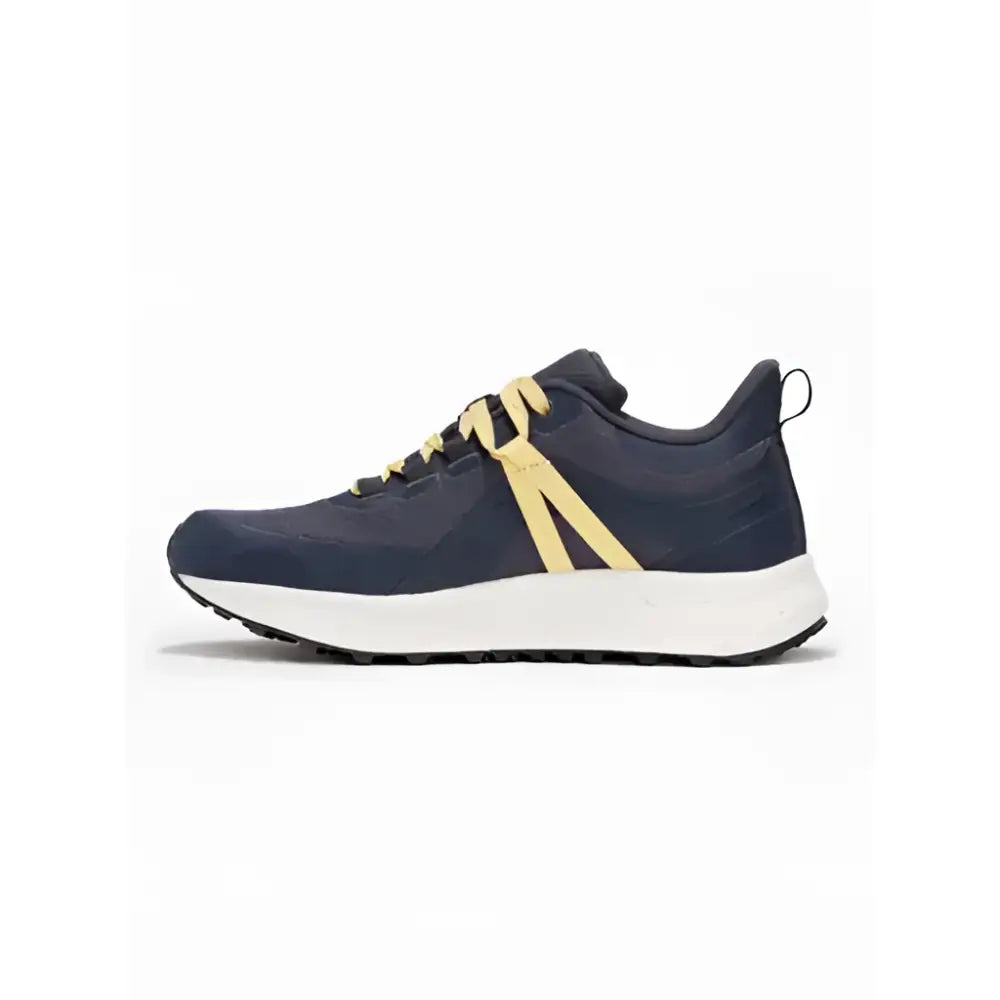 Navy blue lemieux youth trax viva waterproof trainer dusk with yellow laces and white midsole for kids