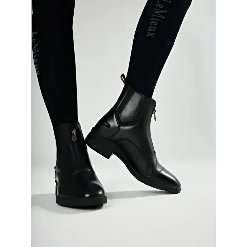 Black leather lemieux zip paddock boot black with zipper closures and low heel for riding or casual wear