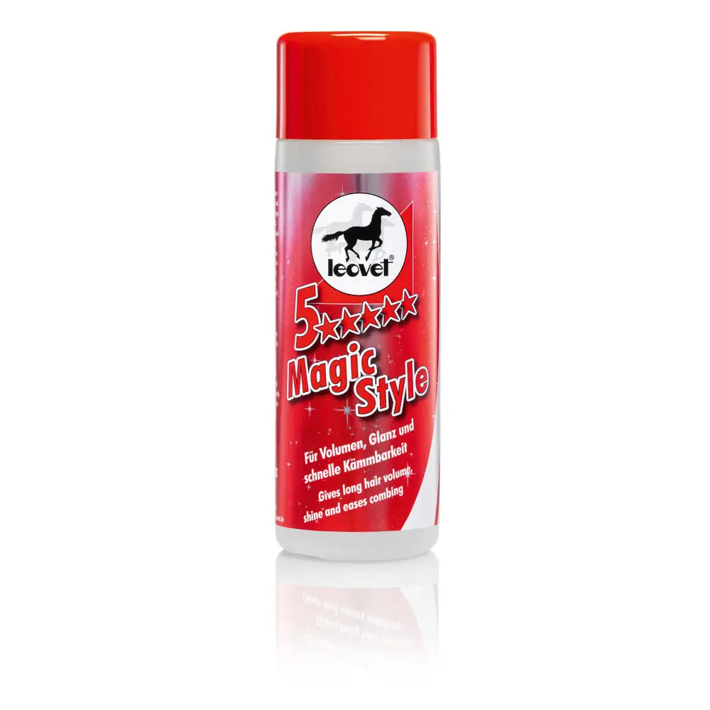 Red-capped leovet 5 star magic style conditioner spray in clear bottle with vibrant label and black horse logo