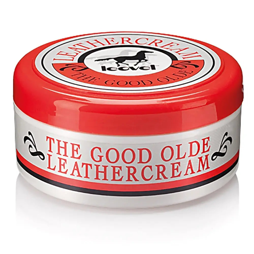 Red and white tin of leovet good olde leathercream with natural beeswax and carnauba wax for leather care