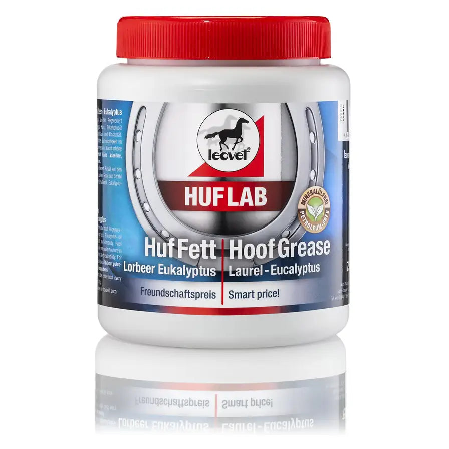 White plastic jar with red lid and blue label showing a horse silhouette for leovet hoof lab hoof grease