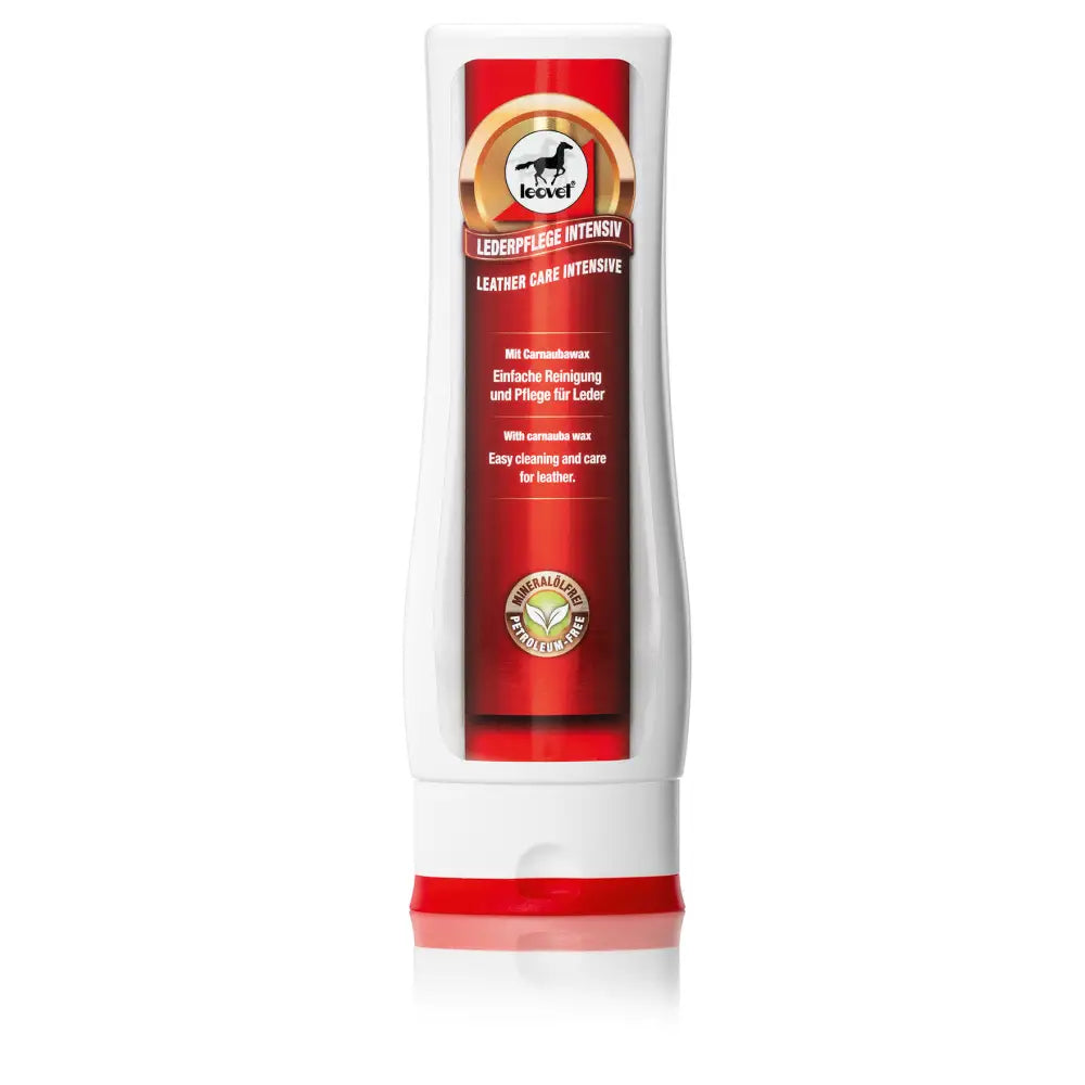 Leovet leather care intensive in a red and white bottle with a gold horse emblem for premium leather care