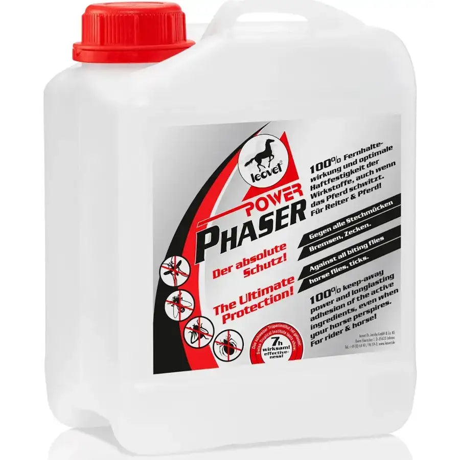 White plastic jug with red cap and black and red label of leovet power phaser fly protection insect repellent