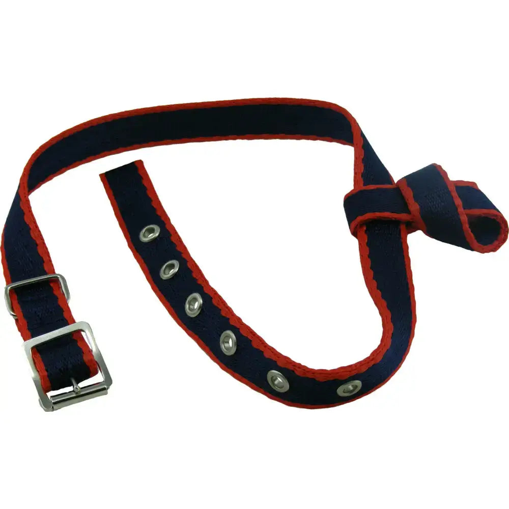 Navy blue and red woven flash strap loop with silver metal buckle and eyelets for libbys standard nose band