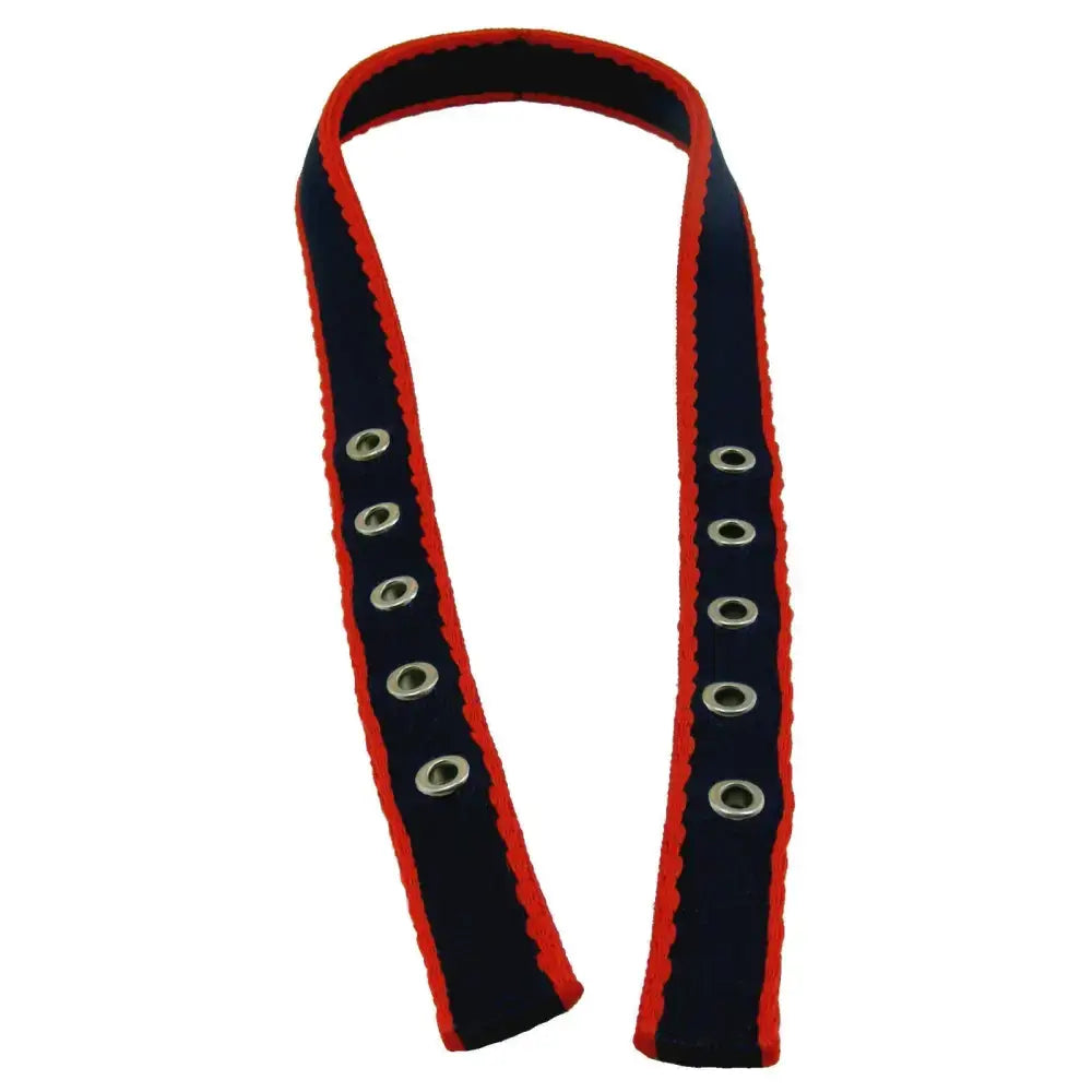 Libbys standard headpiece with navy blue and red double ply bridle webbing and silver grommets for durability