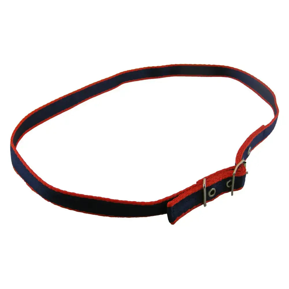 Navy blue and red woven libby’s standard throatlash with metal buckle designed for browband loops use