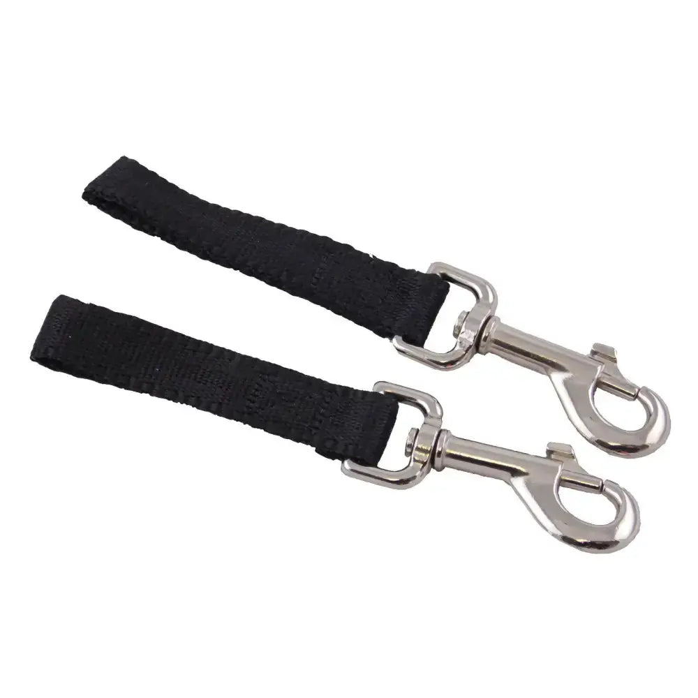 Black fabric pet leash with silver swivel hooks and safety clasps in libbys trigger loops pair for secure pet control