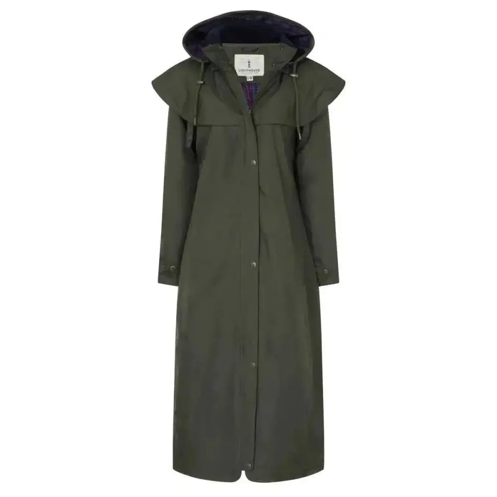 Olive green lighthouse outback ladies trench coat with dark navy hood ruffled collar length waterproof raincoat