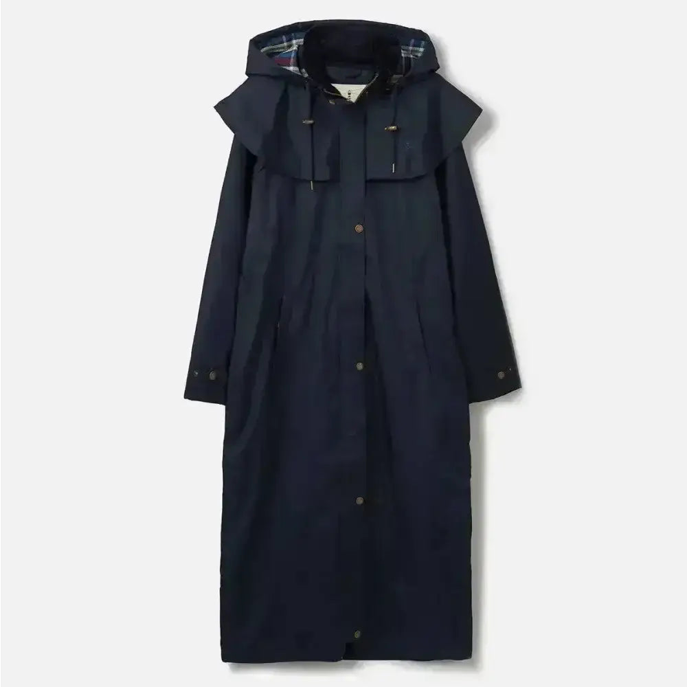 Dark navy lighthouse outback ladies full length waterproof raincoat with plaid hood lining and button closures