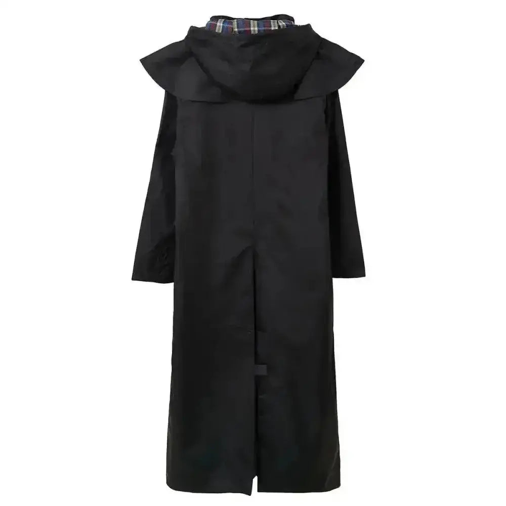 Black lighthouse outback ladies full length waterproof raincoat with wide ruffled hood, plaid lining, and adjustable leg straps