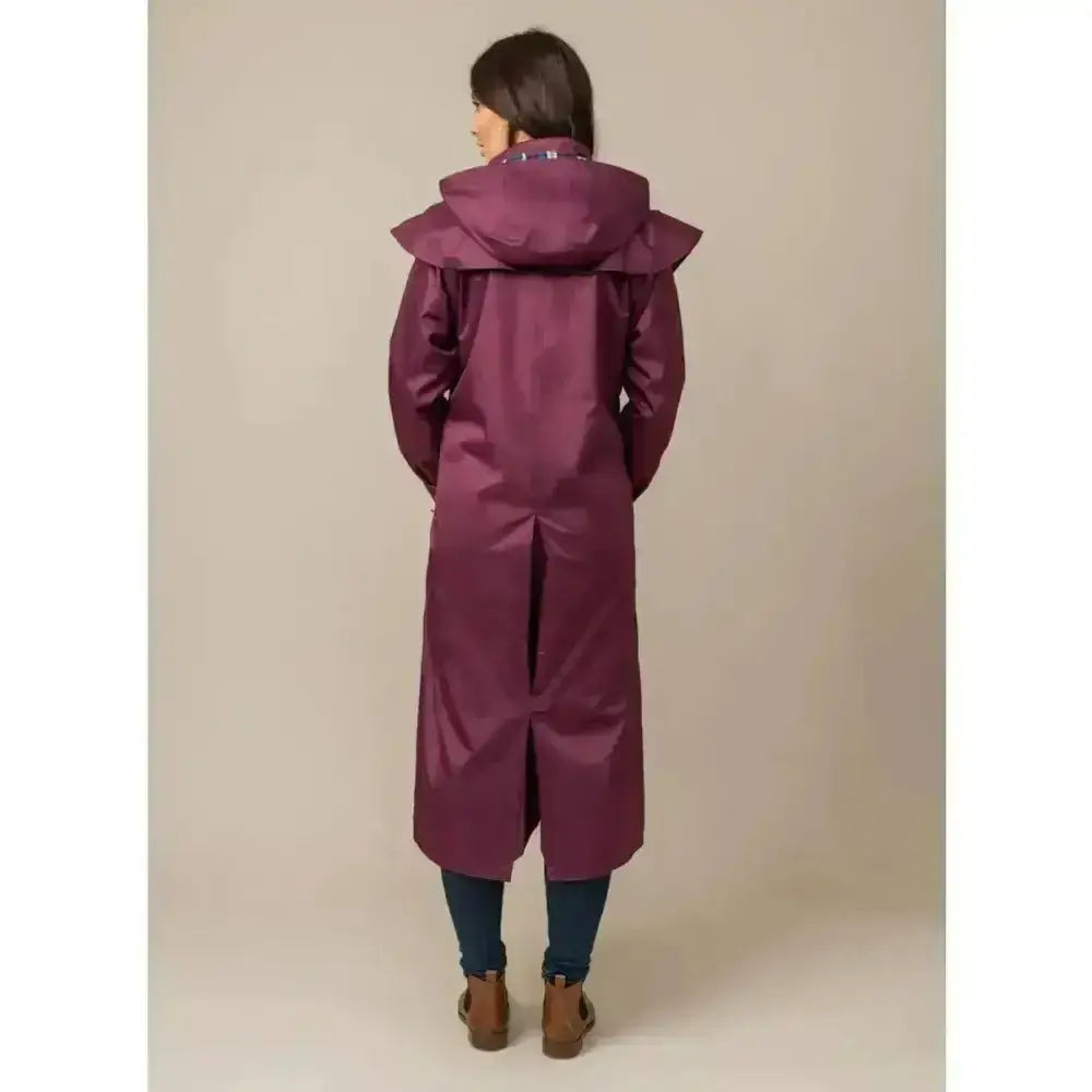 Lighthouse outback ladies long shiny purple length waterproof raincoat with wide hood and adjustable leg straps