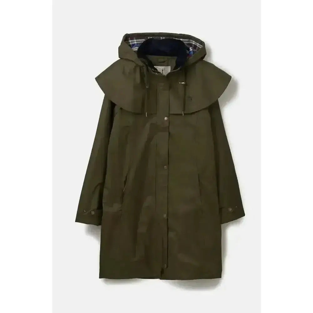 Olive green lighthouse outrider long length raincoat with wide ruffled collar and plaid-lined hood for leisurely nature walks