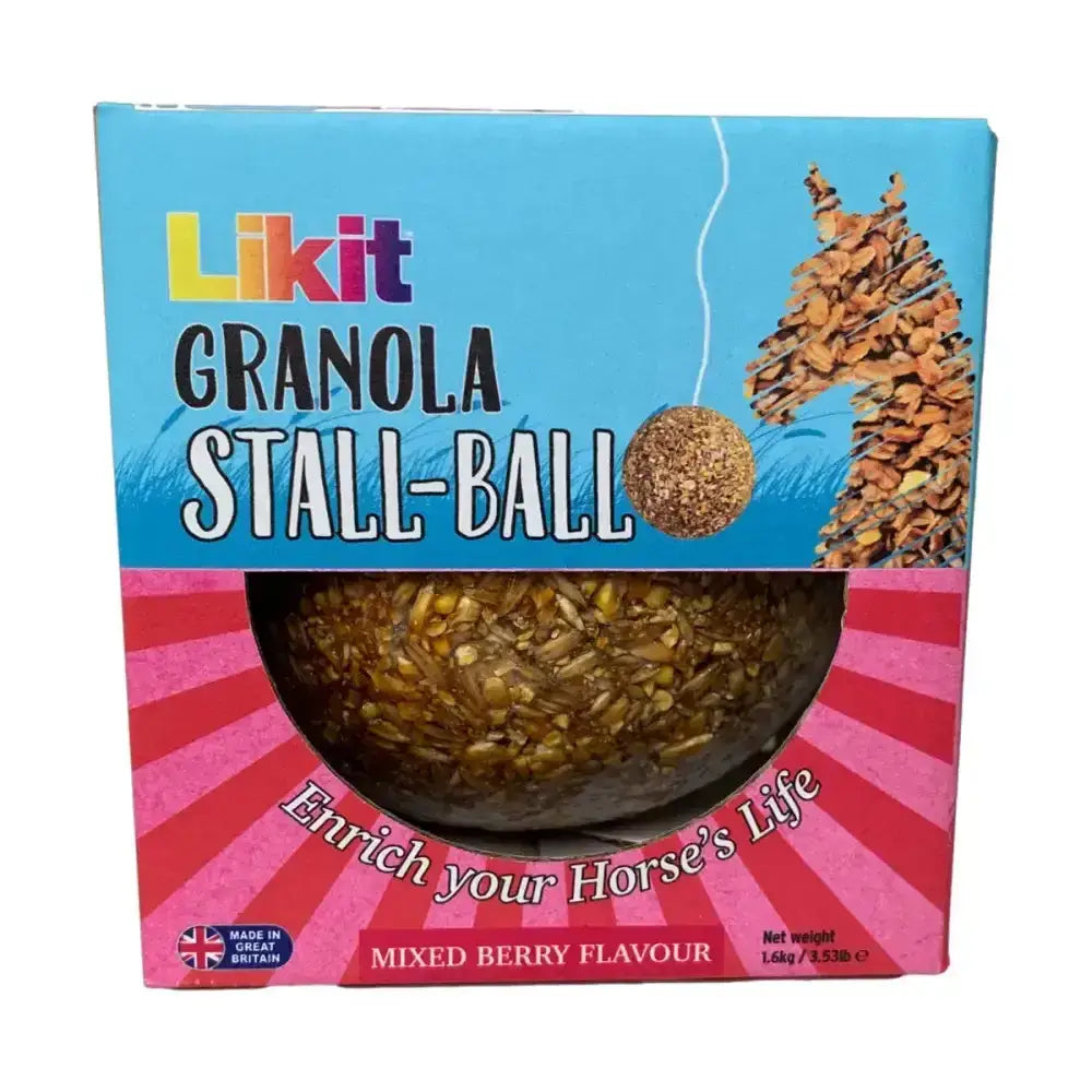 Likit granola stall ball is a spherical granola and mixed berry horse treat to keep your horse entertained whilst snacking