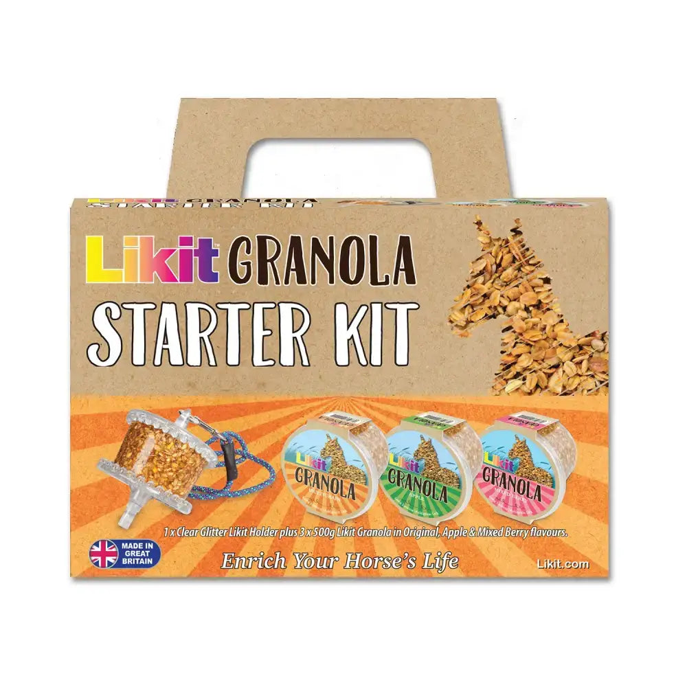 Likit granola starter kit with clear glitter holder and three 500g jars of original apple and mixed berry likits granola