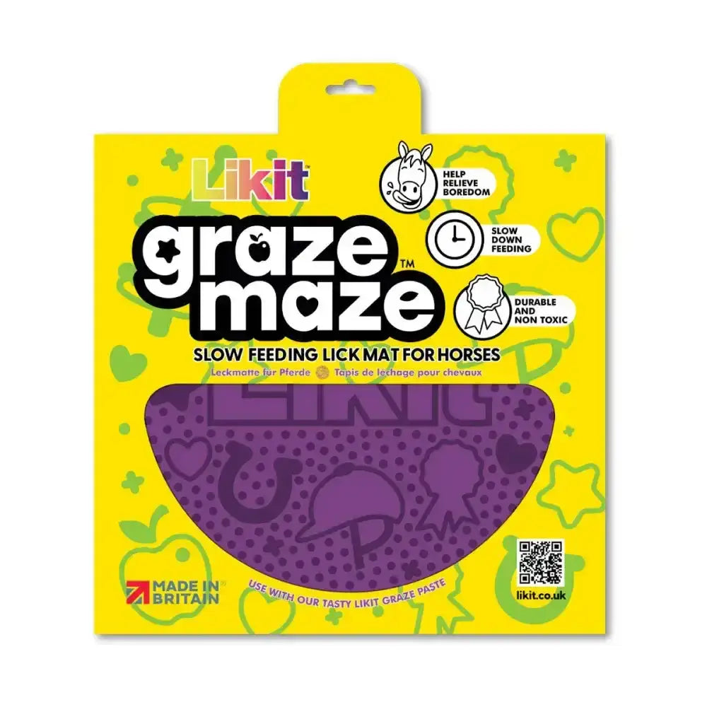 Purple textured likit graze maze slow feeding lick mat for horses made from durable non toxic material with horse patterns
