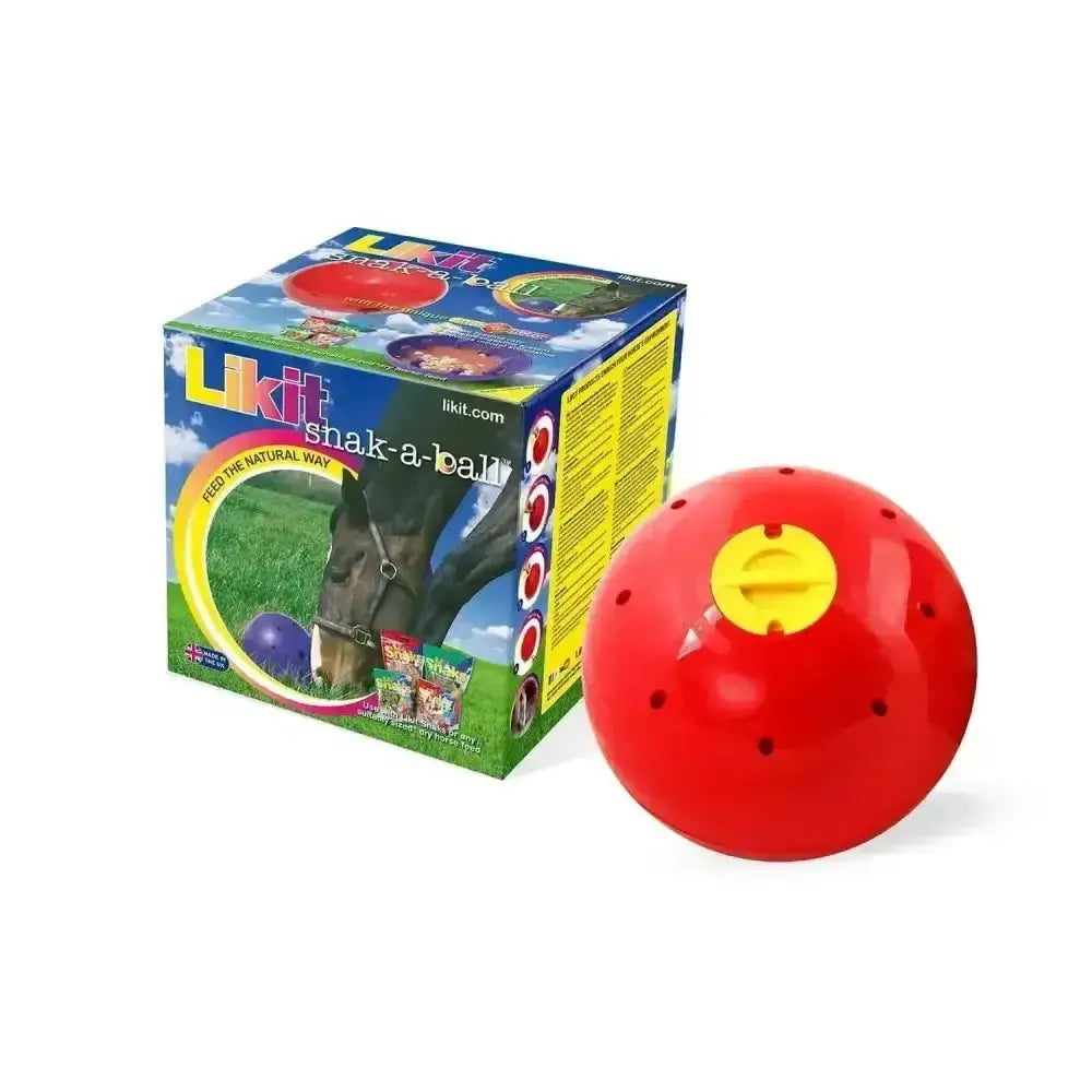 Red plastic likit snak-a-ball with yellow perforated cap that stimulates natural grazing and aids horse’s digestion