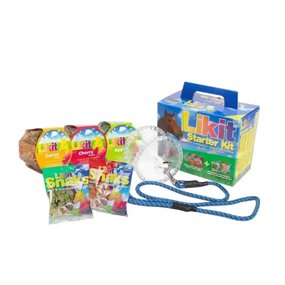 Blue and green plastic likit starter kit box with a horse image for horse toys and horse treats