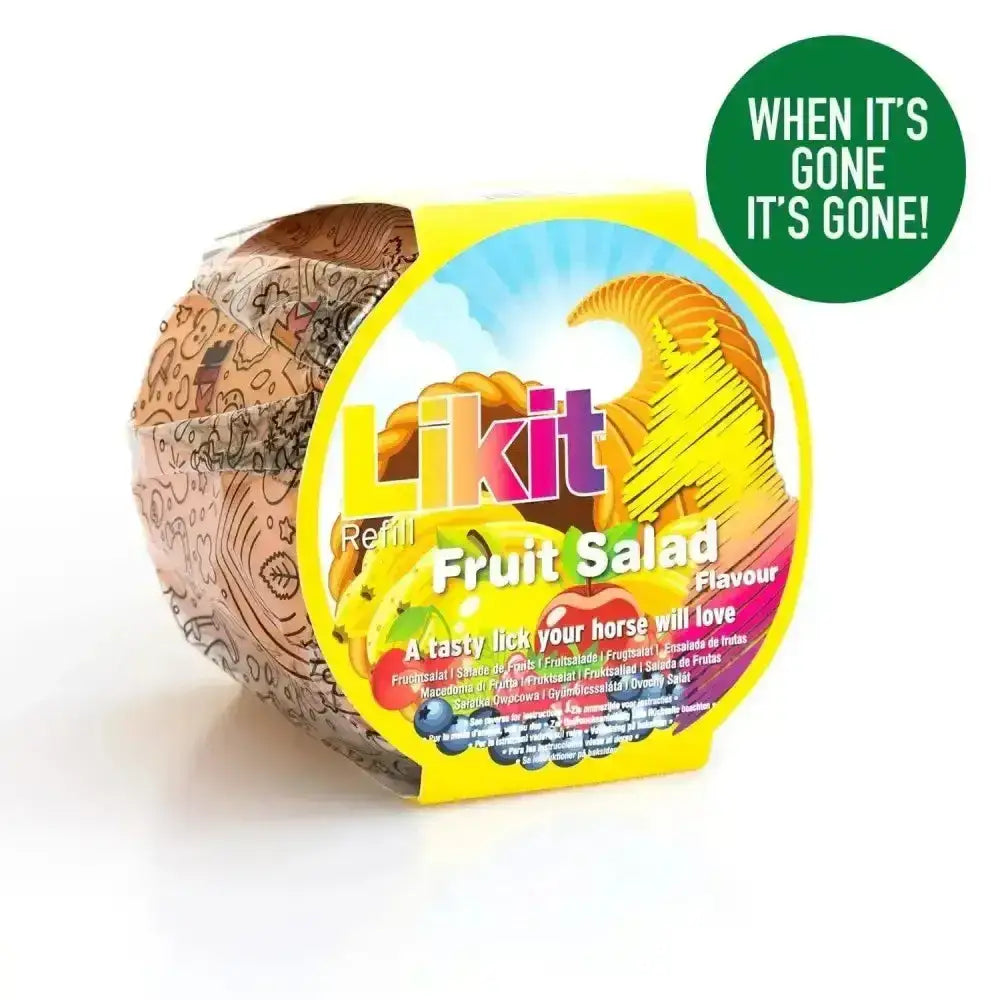 A vibrant yellow plastic container of likit treats rope fruit salad flavored treats rope refill with playful fruit label