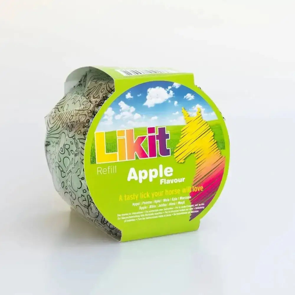A vibrant green likit treats rope refill apple flavour container with colorful horse and silver foil wrapping