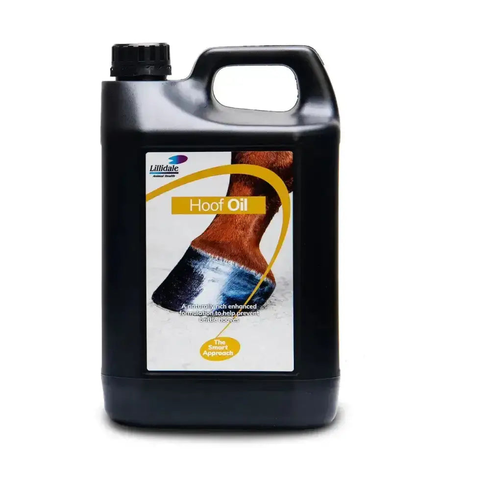 Black plastic jug of lillidale hoof oil with anti-bacterial enhanced formulation to prevent brittle split hooves