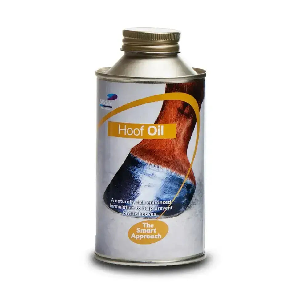 Silver cylindrical can of lillidale hoof oil with gold cap and anti-bacterial enhanced formulation to prevent brittle split hooves