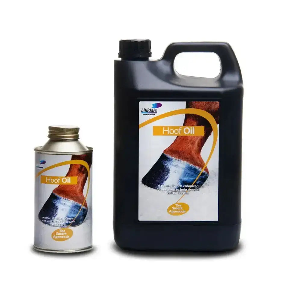 Lillidale hoof oil in black plastic jug and silver aerosol can with anti-bacterial enhanced formulation to prevent brittle split hooves
