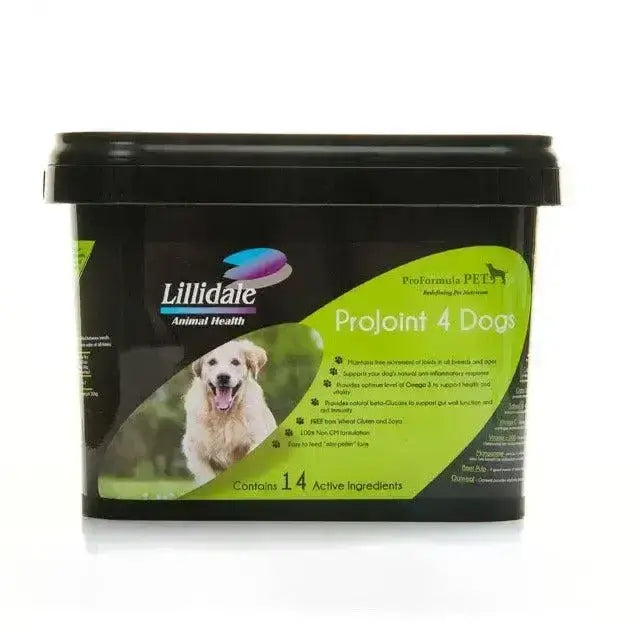Black plastic lillidale projoint container with lime green label shows dog supplements to maintain free movement
