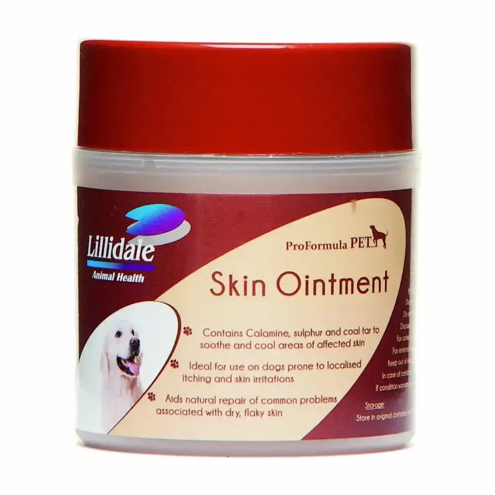 Lillidale skin ointment for dogs in clear jar with red lid and maroon label helps dogs aids natural flaky skin