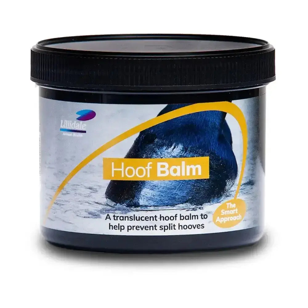 Lillidale soft hoof balm in black jar with yellow text helps prevent split horn and cares for horse hooves