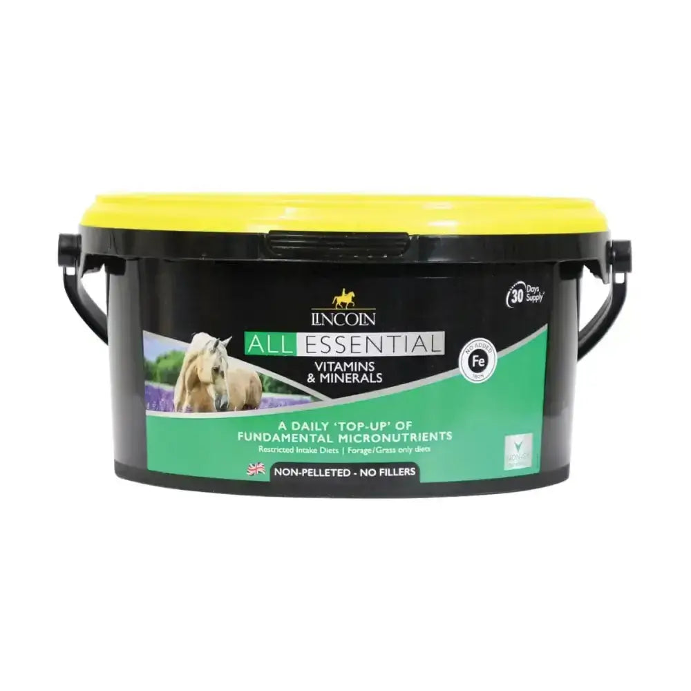 Black plastic bucket with bright yellow lid labeled lincoln all essential vitamins and minerals for horses daily supplement providing trace minerals