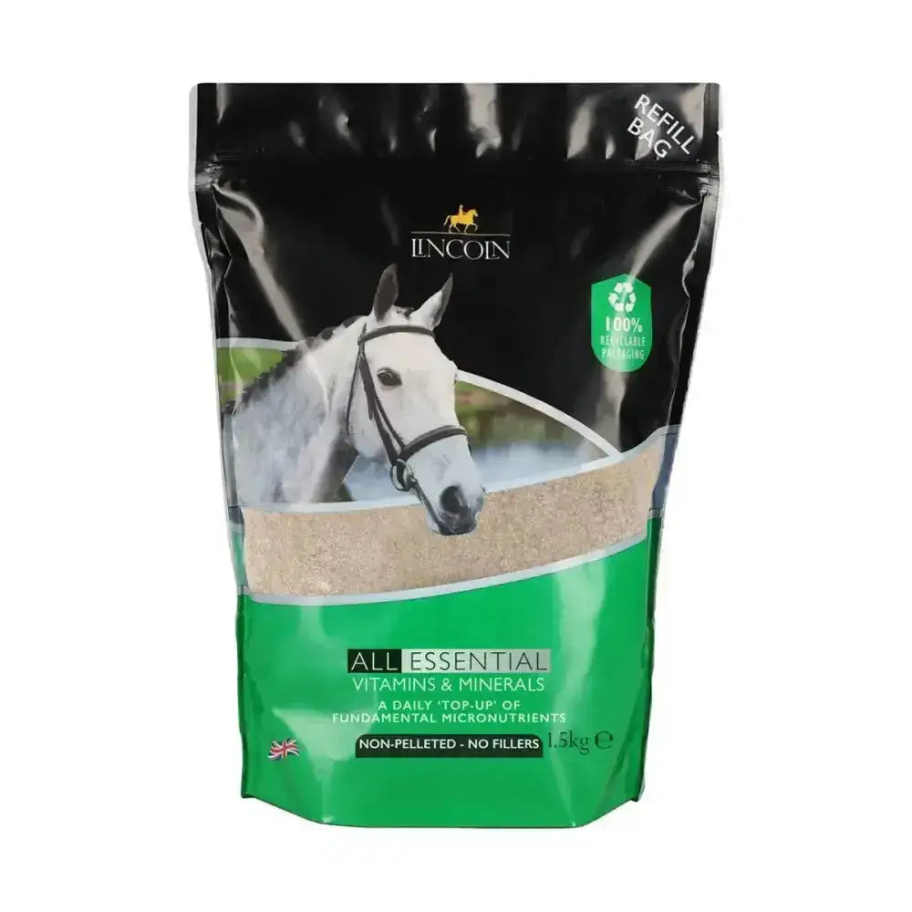 Lincoln all essential vitamins and minerals refill pouch 1.5kg with black green design featuring a white horse for daily supplement providing trace minerals