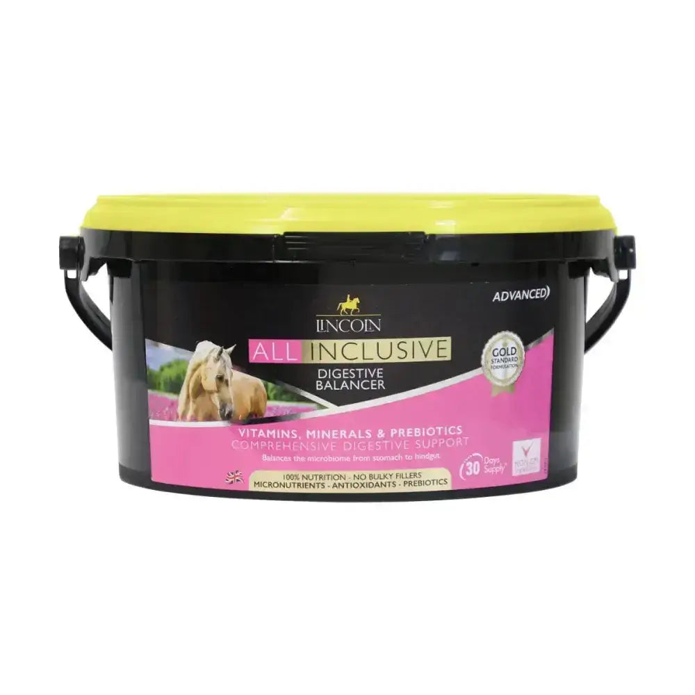 Black plastic bucket with bright yellow lid labeled lincoln all inclusive digestive balancer daily supplement providing essential vitamins