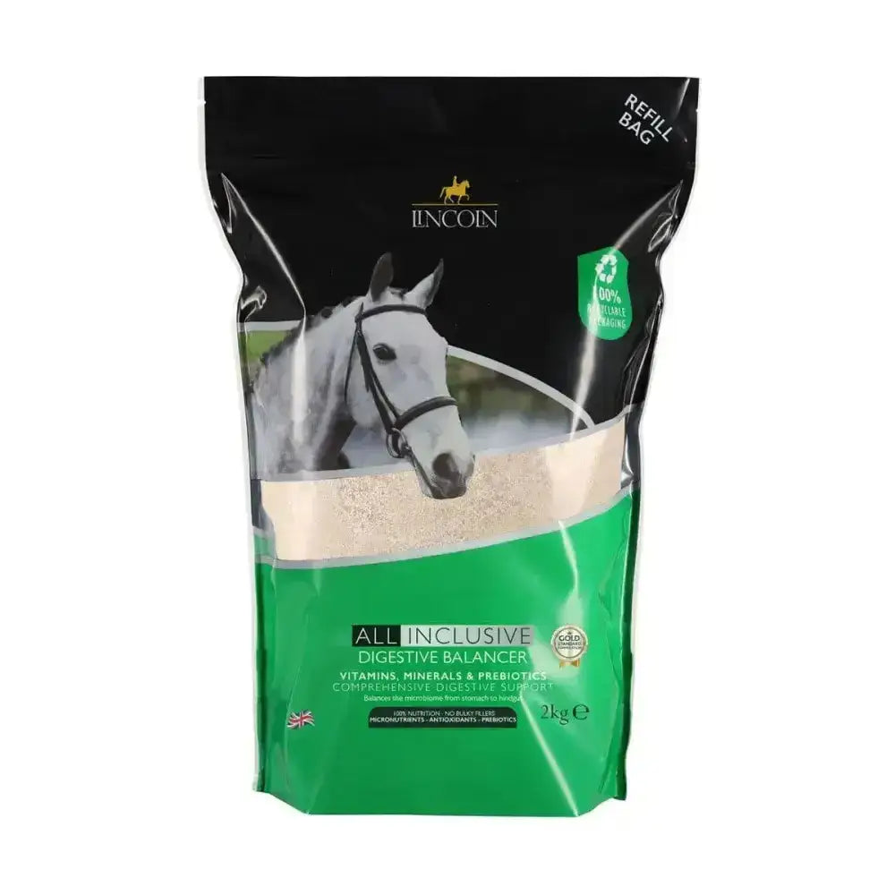 Black and green resealable pouch of Lincoln all inclusive digestive balancer refill exceeding nrc recommended levels