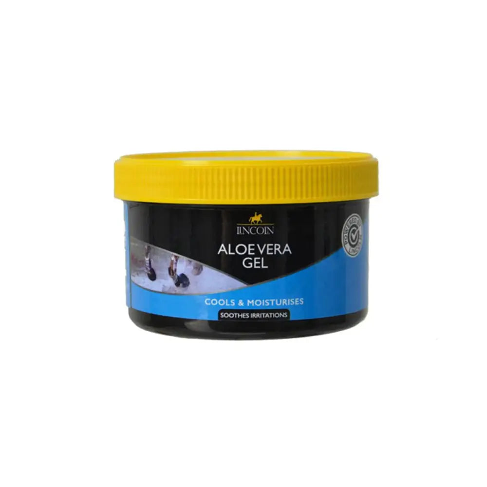 Lincoln aloe vera gentle aqueous gel in black and blue jar with bright yellow lid moisturises irritated skin effectively