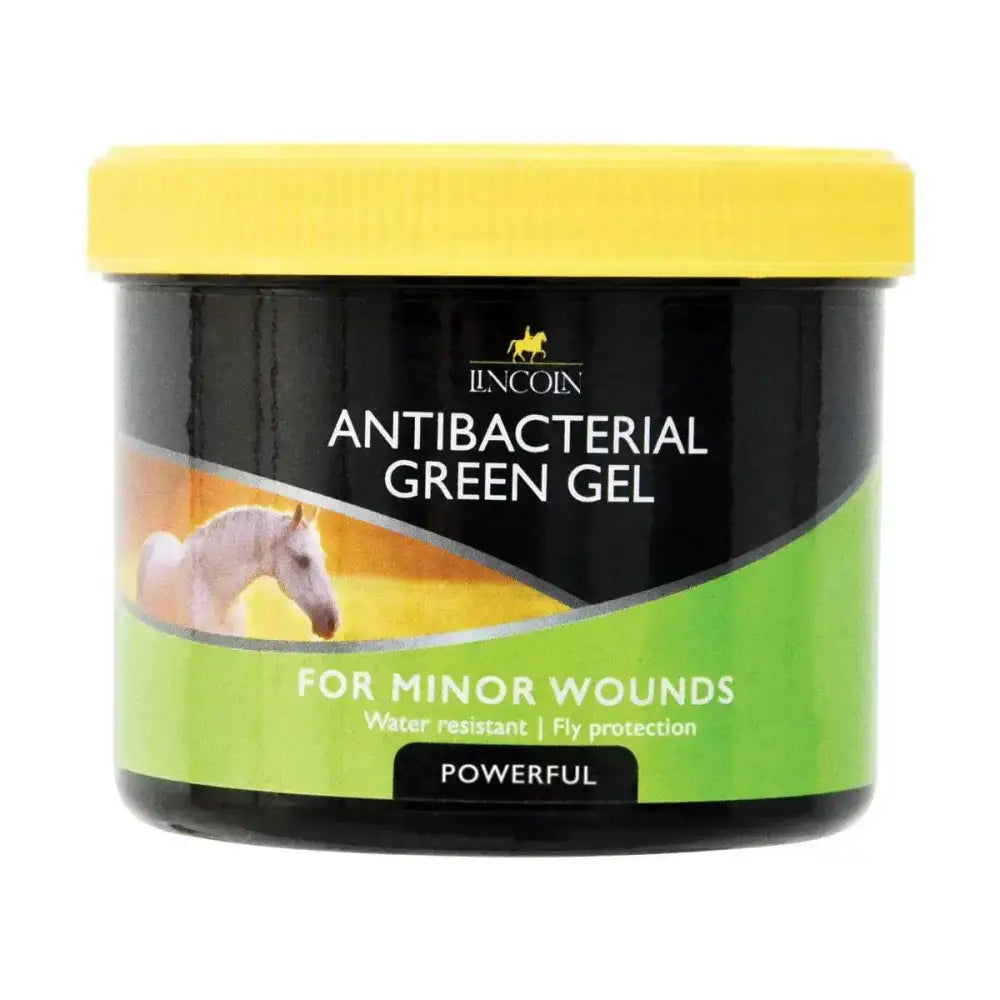 Lincoln antibacterial green gel in a black jar with yellow lid forms a water-resistant antibacterial barrier for horse care