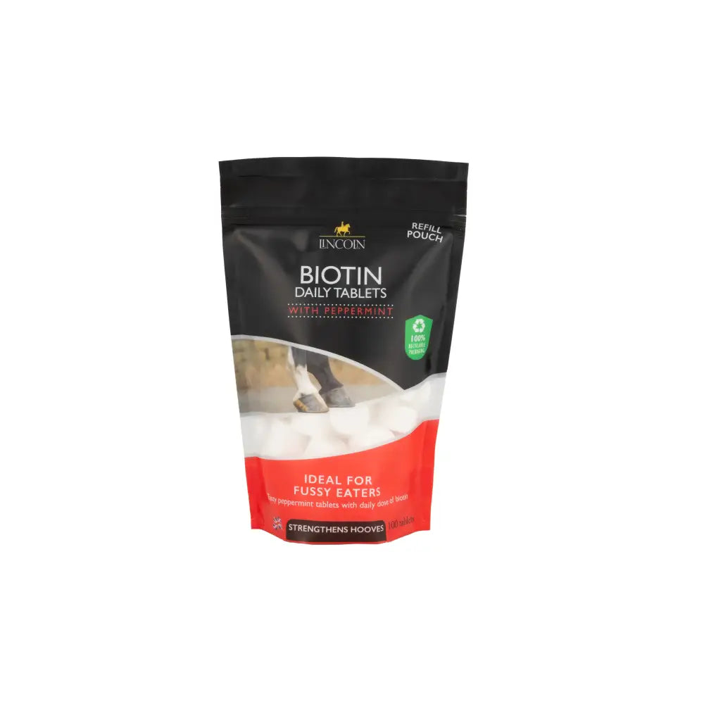 Black and red resealable pouch of lincoln biotin daily peppermint tablets for tasty hoof care supplement for horses