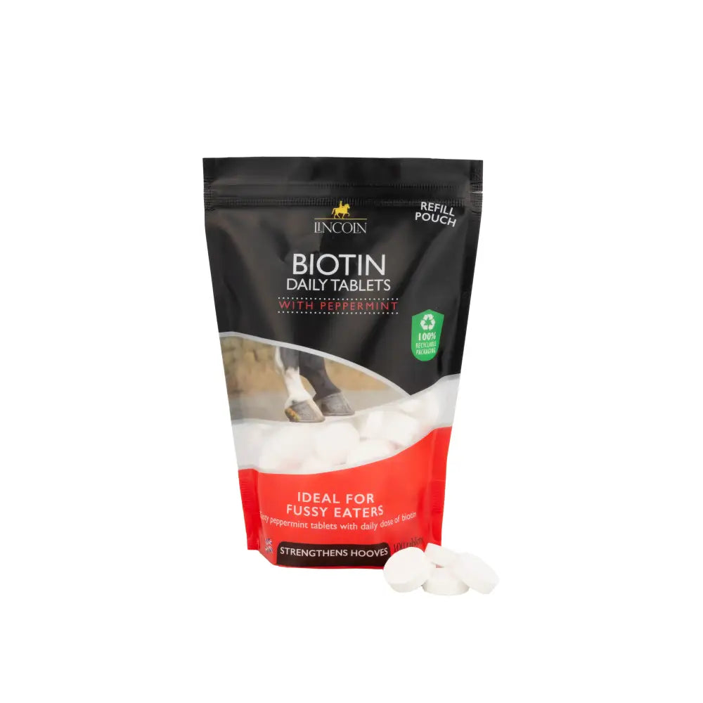 Black and red resealable pouch of lincoln biotin daily tasty hoof care supplement with peppermint and horse hoof image
