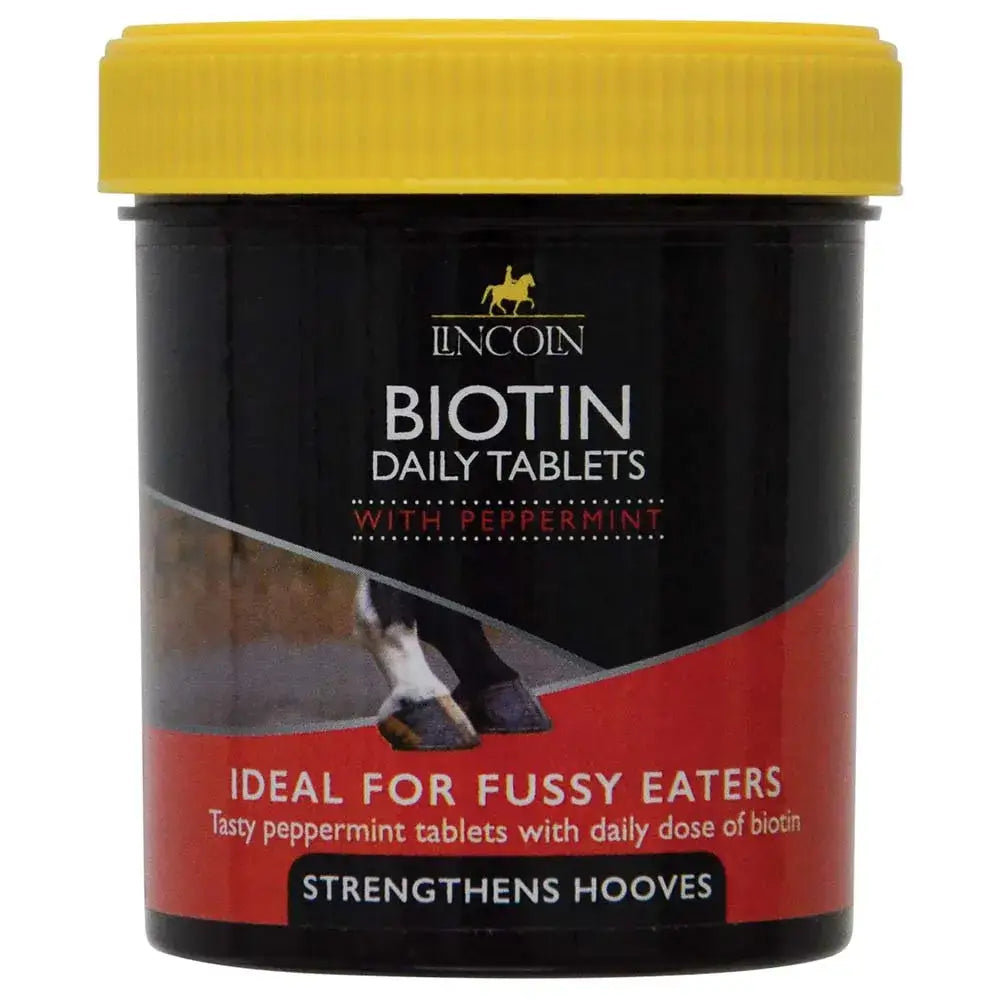 Black cylindrical lincoln biotin daily container with yellow lid tasty hoof care supplement for horse hooves