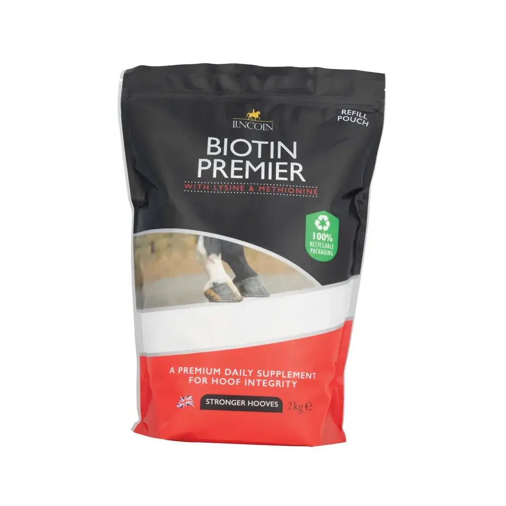 Black and red glossy refill pouch of lincoln biotin premier horse hoof supplements for healthy hooves