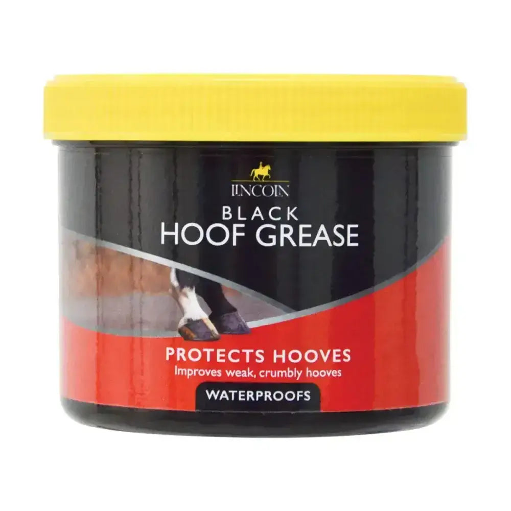 A cylindrical container of lincoln black hoof black hoof grease with a bright yellow lid for hoof care