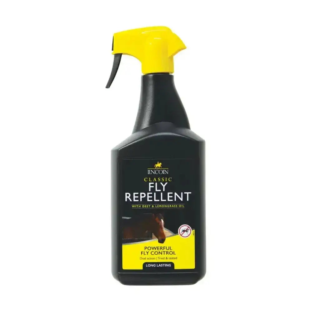 Black plastic spray bottle with bright yellow trigger and lincoln classic fly repellent label featuring powerful long-lasting dual action formula