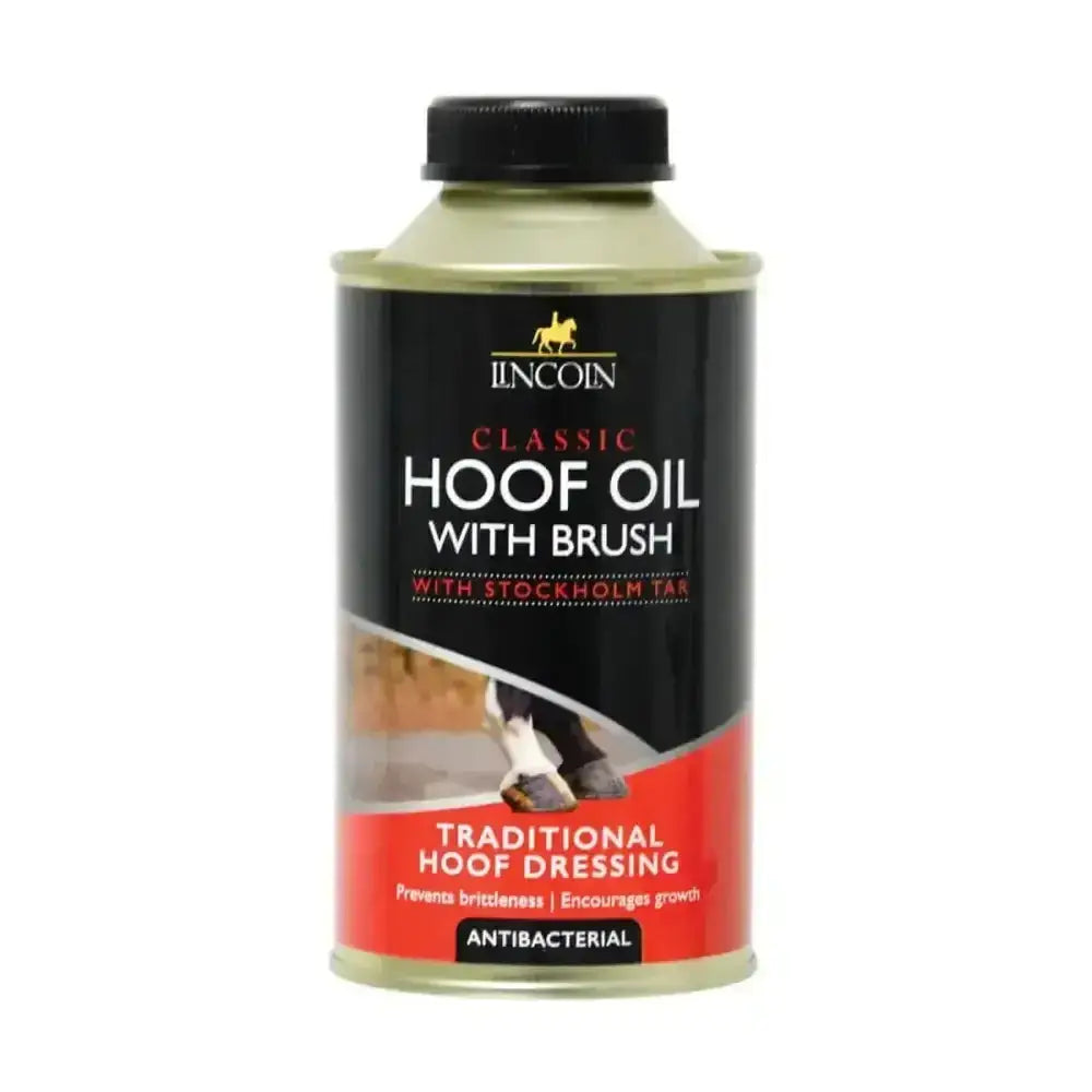 Lincoln classic hoof oil with stockholm tar in black red canister with gold horse logo and faithful hoof dressing brush