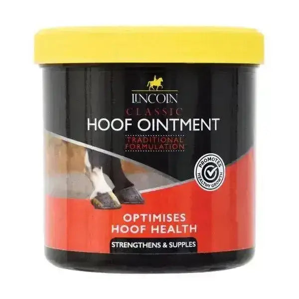 Black and red labeled container with yellow lid showing lincoln classic hoof ointment optimises hoof health