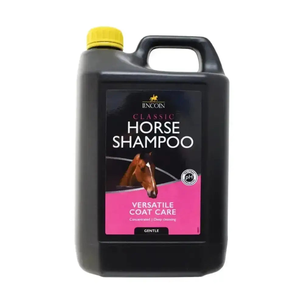 Black plastic jug with a yellow cap and handle labeled lincoln classic horse classic horse shampoo time favourites