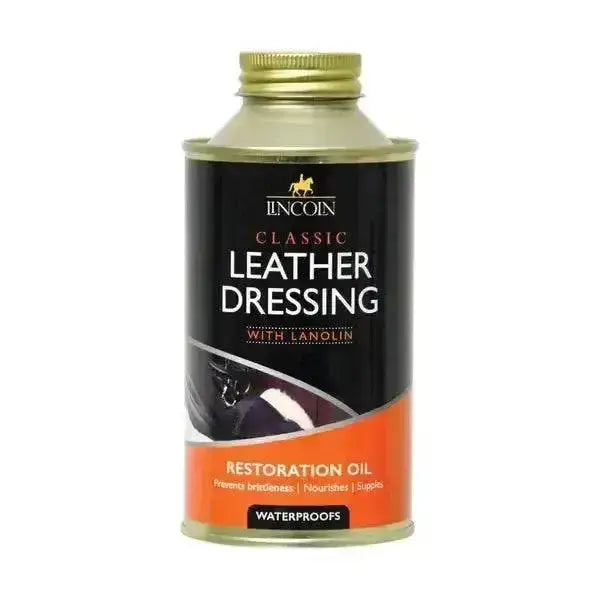 Lincoln classic leather dressing in a sleek black and orange canister with lanolin for water resistant dressing