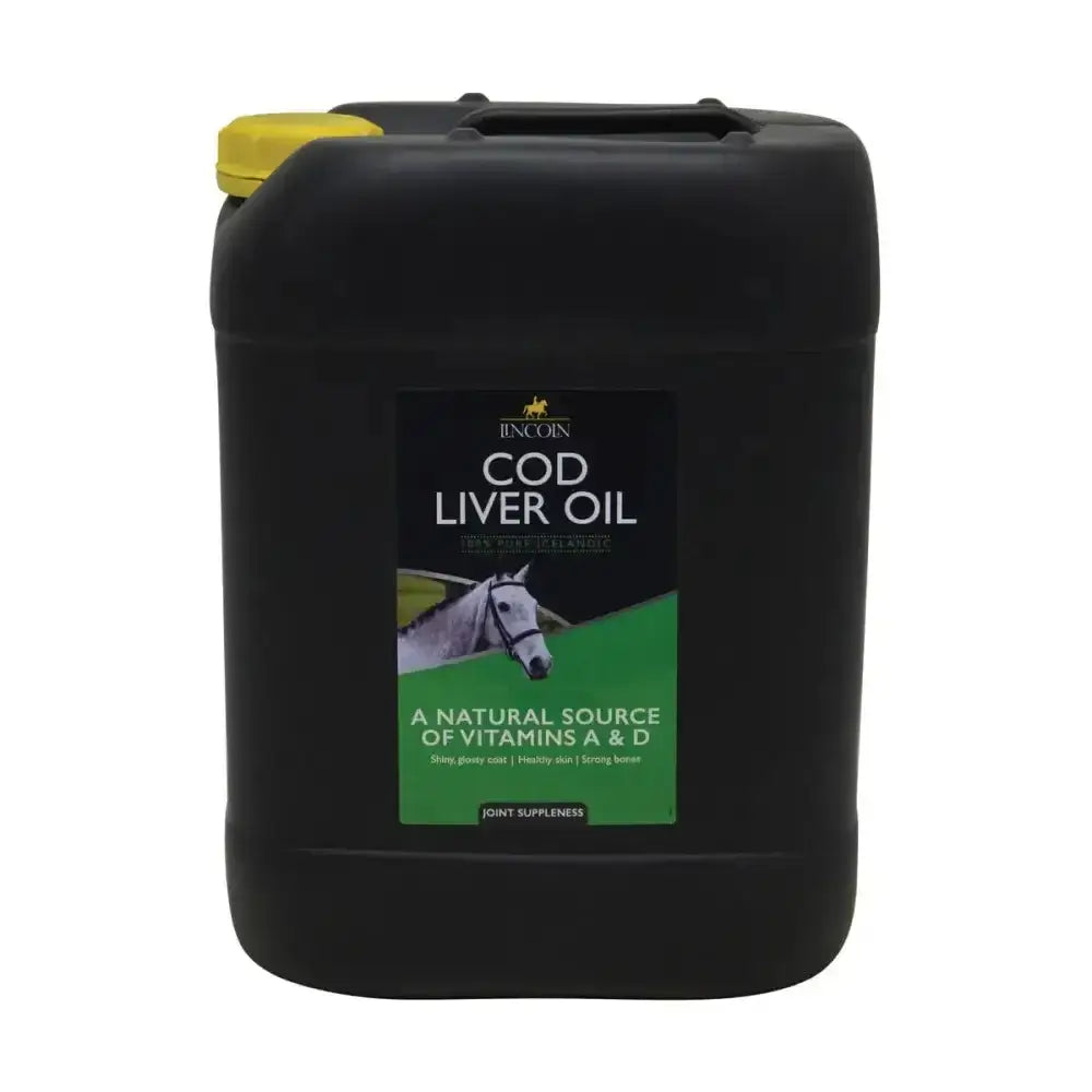 Black plastic jug of lincoln cod liver oil with yellow cap and white horse label rich in oil soluble vitamins