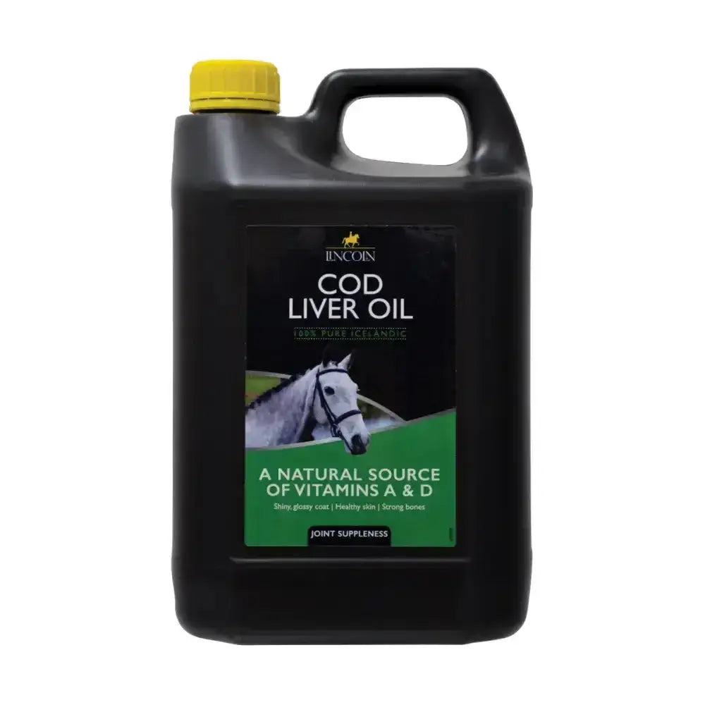 Black plastic jug with yellow cap of lincoln cod liver oil for joint suppleness and oil soluble vitamins benefits