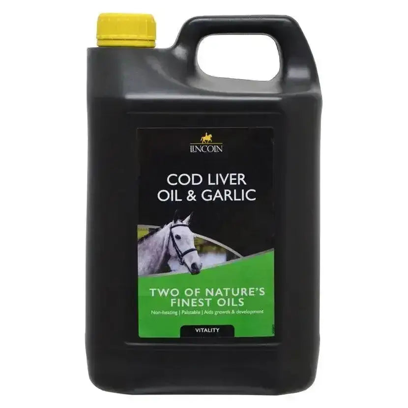 Black plastic jug with yellow cap labeled lincoln cod liver oil and garlic featuring a horse on the label